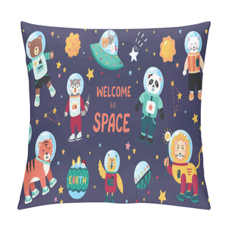 Personality  Space Animals. Cute Cartoon Trendy Baby Animal Characters In Space Suits, Set Of Science Kids In Cosmos. Vector Flat Doodle Background Pillow Covers
