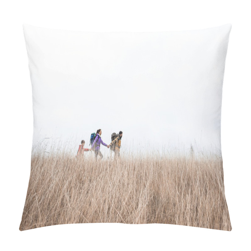 Personality  Happy Family With Backpacks Walking In Grass Pillow Covers