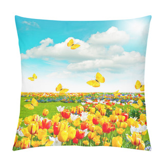 Personality  Flowers In Green Grass. Spring Landscape With Blue Sky Pillow Covers