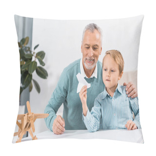 Personality  Middle Aged Man And Grandson Having Fun With Paper Plane At Home Pillow Covers