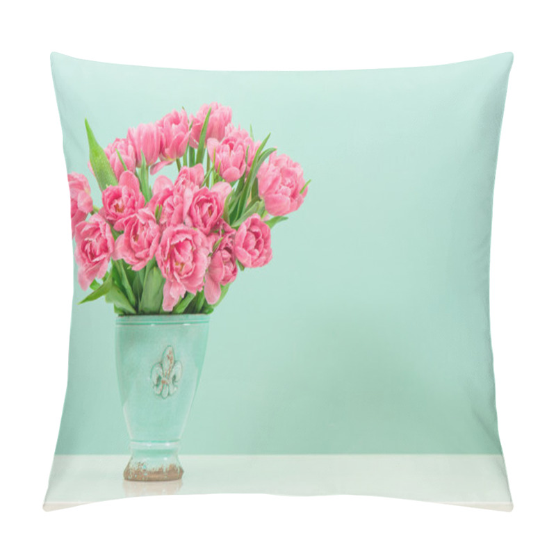 Personality  pastel pink tulip flowers over turquoise pillow covers