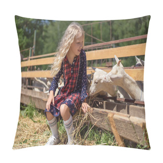 Personality  Kid Sitting On Fence At Farm And Feeding Goats Pillow Covers