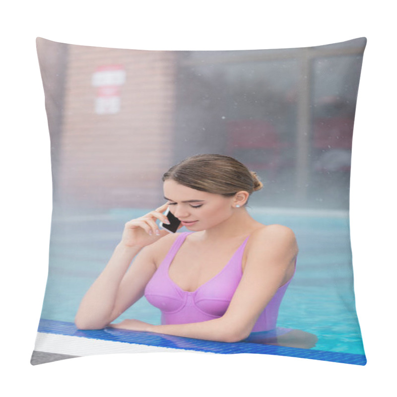 Personality  Woman In Swimsuit Talking On Smartphone While Bathing In Outdoor Pool In Spa Center  Pillow Covers