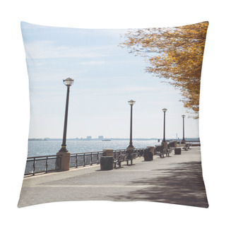 Personality  Embankment With Lanterns And Walkway Near River Bay In New York City Pillow Covers