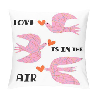 Personality  Vector Illustration With Bird, Doodle Lines, Red Hearts And Lettering Words. Love Is In The Air. Trendy Typography Poster, Romantic Greeting Card Design Pillow Covers