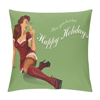 Personality  Christmas Pin Up Girl With Champagne. Vector Illustration  Space For Text. Pillow Covers