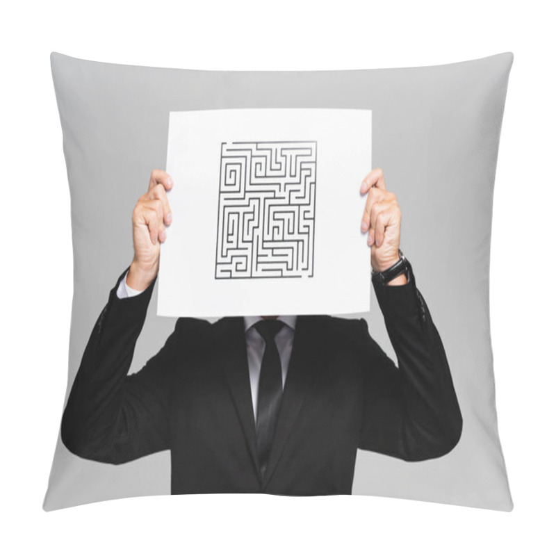 Personality  businessman obscuring face with paper with labyrinth isolated on grey  pillow covers
