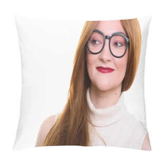 Personality  Close Up Of Happy Businesswoman Smiling While Thinking Pillow Covers