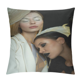 Personality  Angelic Beauty And Demonic Charm, Women In Costumes Of Winged Creatures With Closed Eyes On Black Pillow Covers