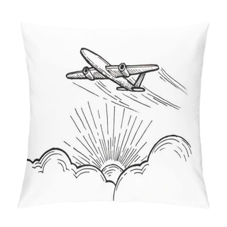 Personality  Drawing Of An Airplane Taking Off Over The Sun Breaking Through From The Clouds Pillow Covers
