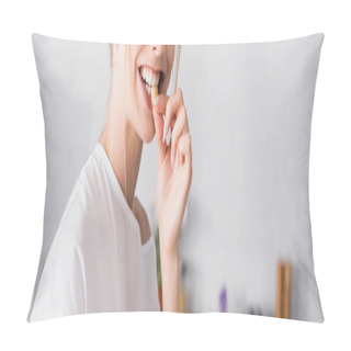 Personality  Partial View Of Joyful Woman Tasting Cornflake, Horizontal Orientation Pillow Covers