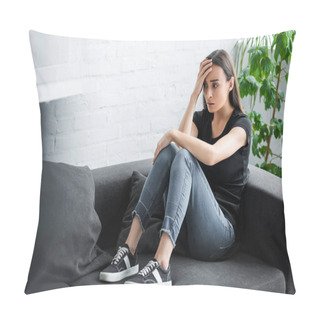 Personality  Pretty Young Woman Suffering From Depression While Sitting On Couch At Home And Holding Hand Near Head Pillow Covers