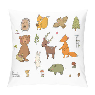 Personality  Animals Of The Forest. Set With Cute Cartoon Bears, Fox, Hare And Squirrel, Owl And Deer. Design For Children - Vector Pillow Covers