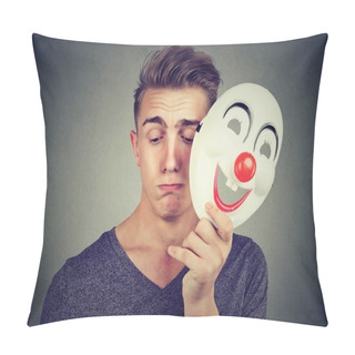 Personality  Young Sad Man Taking Off Happy Clown Mask. Human Emotions. Pillow Covers