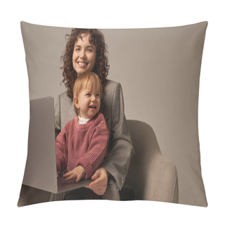 Personality  Building Successful Career, Balanced Lifestyle, Working Parent, Happy Businesswoman Using Laptop And Sitting On Armchair With Daughter, Mother And Child, Motherhood, Multitasking, Growth And Family  Pillow Covers