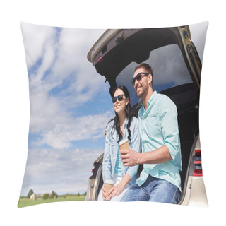 Personality  Happy Couple With Coffee At Hatchback Car Trunk Pillow Covers