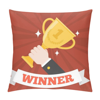 Personality  Hand Holding Gold Trophy Cup With Winner Ribbon Pillow Covers