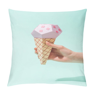 Personality  Cropped View Of Young Woman Holding Paper Ice Cream Cone On Turquoise Pillow Covers