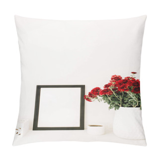 Personality  Photo Frame Mock Up, Beautiful Red Flowers Bouquet, White Vintage Casket In Front Of White. Blog, Website Composition. Pillow Covers