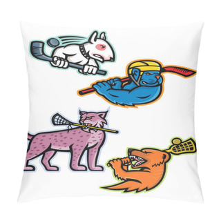 Personality  Mascot Icon Illustration Set Of  Lacrosse And Ice Hockey Sporting Sports Team Mascots Like An Bull Terrier And American Bully Dog Ice Hockey Player, Lynx Or Bobcat And Mongoose Lacrosse Isolated Background In Retro Style. Pillow Covers