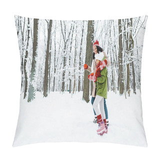 Personality  Attractive African American Mother And Cute Daughter Walking And Holding Cups In Snowy Forest Pillow Covers
