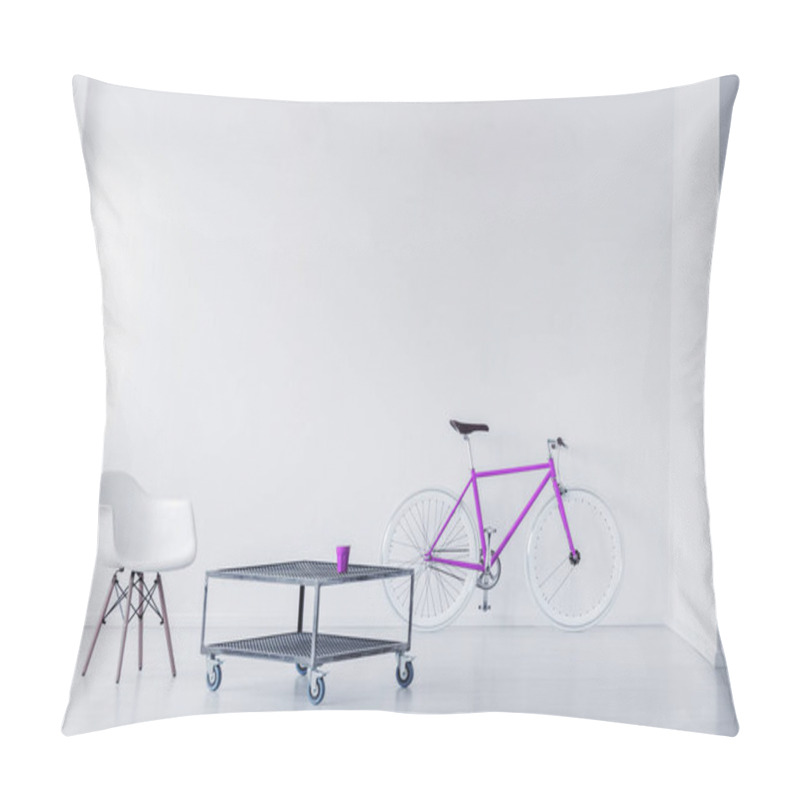 Personality  Purple bike, chair and metal coffee table in a minimalistic room interior. Real photo pillow covers