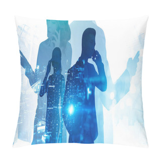 Personality  Silhouettes Of Diverse Business People Using Smartphones With Double Exposure Of Blurry Night Cityscape. Concept Of Internet And Communication. Toned Image Pillow Covers