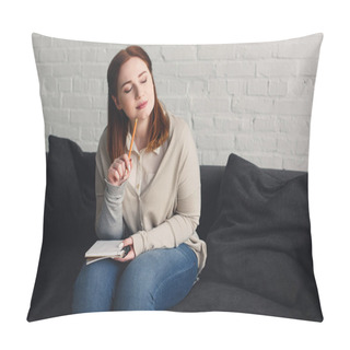 Personality  Pensive Beautiful Girl With Closed Eyes Touching Chin With Pencil At Home Pillow Covers