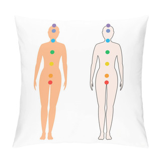 Personality  Chakras On The Female Body. Silhouette Of A Woman With Seven Colored Sacred Dots. Vector Illustration. Pillow Covers