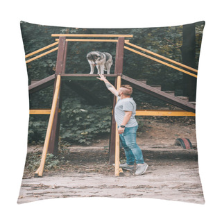 Personality  Cynologist Training With Siberian Husky Dog On Stairs Obstacle  Pillow Covers