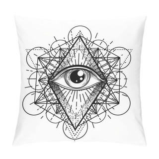Personality  Blackwork Tattoo Flash. Eye Of Providence. Masonic Symbol. All Seeing Eye Inside Triangle Pyramid. New World Order. Sacred Geometry, Religion, Spirituality, Occultism. Isolated Vector Illustration. Pillow Covers