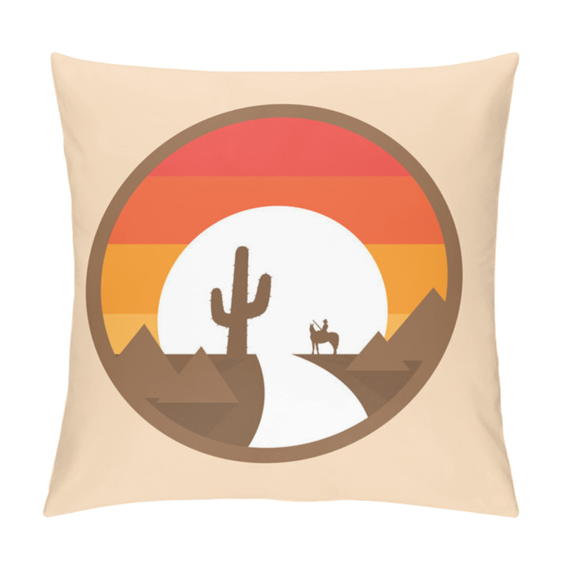 Personality  Cowboy on a horse in the desert, cactus, sunset. Vector illustration of round background pillow covers