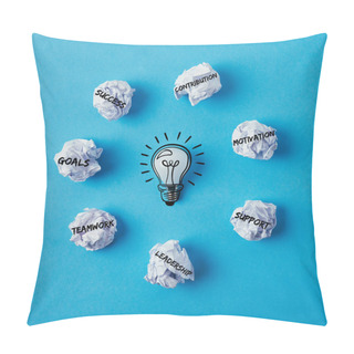 Personality  Top View Of Light Bulb Surrounded With Crumpled Papers With Business Ideas On Blue Surface Pillow Covers