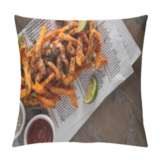 Personality  Top View Of Tasty French Fries And Sliced Lime On Newspaper And Marble Surface   Pillow Covers