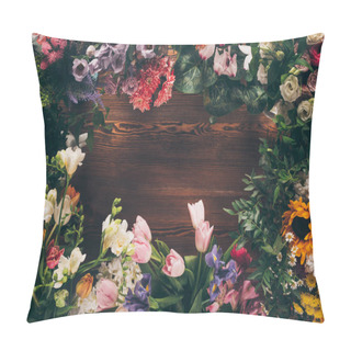 Personality  Top View Of Frame Of Colored Flowers On Wooden Table Pillow Covers