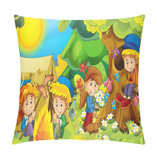 Personality  Cartoon Autumn Nature Background In The Mountains With Kids Having Fun Camping With Tent With Space For Text - Illustration For Children Pillow Covers