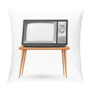 Personality  Vector 3d Realistic Retro TV Receiver On A Wooden Table Stand Closeup Isolated On White. Vintage TV Set With Transparent Screen. Television, Front View. Pillow Covers