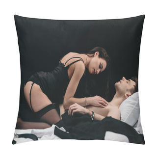 Personality  Beautiful Woman In Stockings And Lingerie Lying On Shirtless Man Isolated On Black Pillow Covers