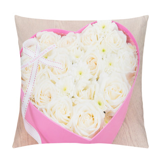 Personality  White Roses And Pearl And Diamond Held In The Heart Shape Box Pillow Covers