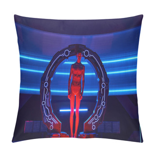 Personality  Scientific Invention, Otherworldly Humanoid In Neon-lit Device In Futuristic Lab, Full Length Pillow Covers