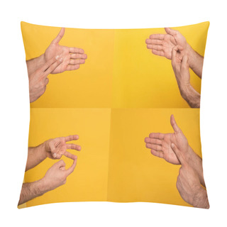Personality  Collage Of Man Using Sign Language Isolated On Yellow  Pillow Covers