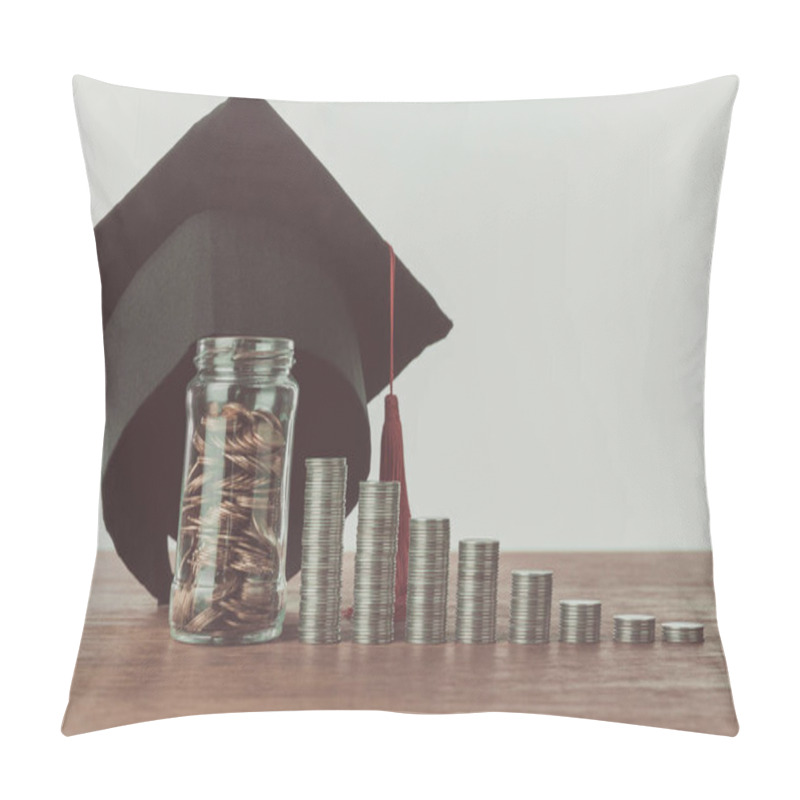 Personality  Stacks Of Coins, Jar With Coins And Graduation Cap On Wooden Table, Saving Concept Pillow Covers