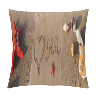 Personality  Collage Of Love Sign With Sea Lettering And Seashells With Starfish On Beach Sand  Pillow Covers