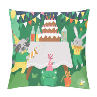 Personality  Vector Birthday Party Forest Background With Cute Animals And Table With Cake. Funny Holiday Scene With Candy Bar, Rabbit, Raccoon, Frog. Night Woodland Festive Scenery Illustration Pillow Covers