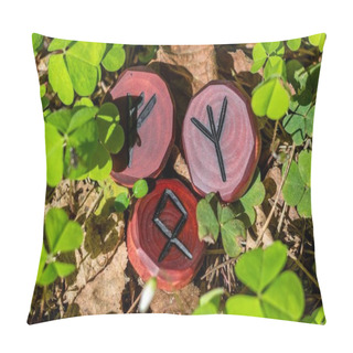 Personality  Runes Fehu, Algiz (Elhaz) And Odal (Othala) Carved From Wood On The Grass - Elder Futhark Pillow Covers