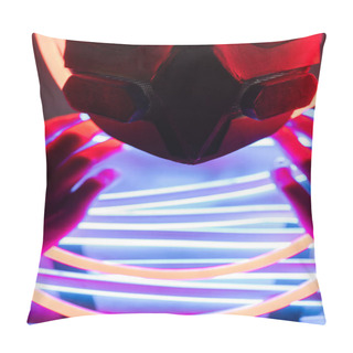 Personality  Close Up View Of Futuristic African American Woman In Respirator And Neon Lighting Pillow Covers