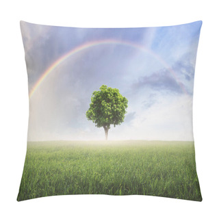 Personality  Rainbow After The Rain, The Skies Over The Beautiful Green Meadow, With Lonely Tree. Pillow Covers