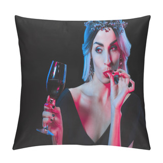 Personality  Vampire Woman Holding Wineglass With Blood And Licking Her Fingers Isolated On Black Pillow Covers