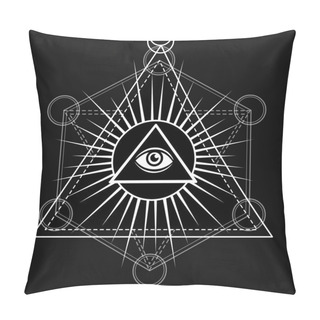 Personality  Eye Of Providence. All Seeing Eye Inside Triangle Pyramid. Esoteric Symbol, Sacred Geometry. Monochrome Drawing Isolated On A Black Background. Vector Illustration. Print, Posters, T-shirt, Textiles. Pillow Covers