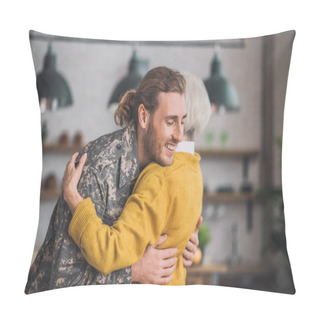 Personality  Young Happy Man In Camouflage Hugging His Mom Pillow Covers